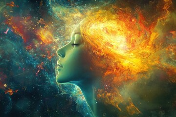Woman Face Profile with Universe and Energy Flowing Through Hair