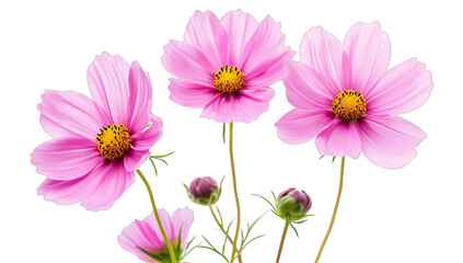 three vibrant pink flowers with yellow centers accompanied by bu