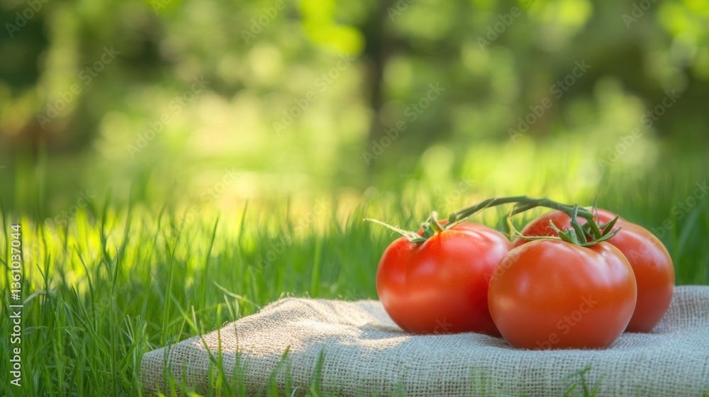 Aufkleber fresh red tomatoes on natural background with green grass and soft light enhancing their vibrant col