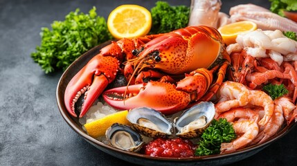 Indulge in a Luxurious Seafood Platter with Fresh Lobster, Shrimp, and Oysters Awaiting Your Taste