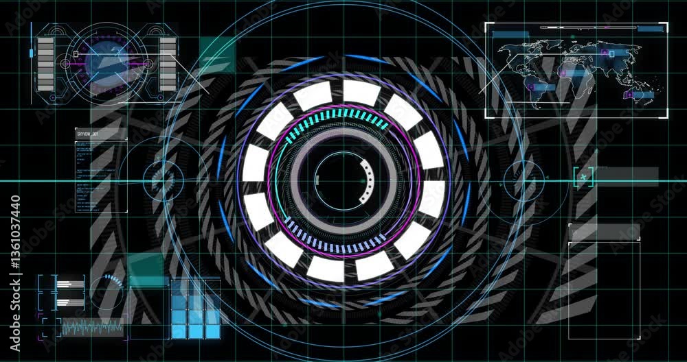 Poster animation of futuristic digital interface with circular patterns and data charts