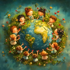 A charming cartoon-style scene of children from around the world holding hands in a circle around the Earth,