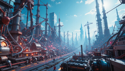 Fototapeta premium Futuristic industrial landscape featuring towering structures, intricate machinery, and vibrant colors under bright blue sky. scene evokes sense of advanced technology and innovation