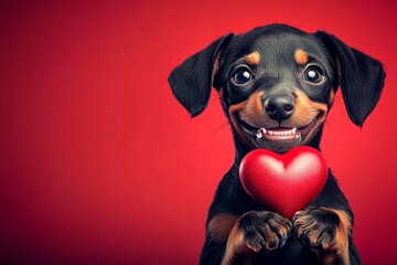 Promotion visual idea. Cute doberman pinscher hound with diamond red heart - emblem of love, funny greeting card. Doberman pinscher - my treasured dog. Red heart valentine photography.
