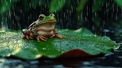 Vibrant Frog Sitting on Lily Pad Under Soft Rainfall in Lush Nature Setting
