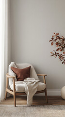 Modern interior furniture arrangement living room white wall neutral color armchair sofa cushion natural light wooden floor houseplant decorative detail carpet classic molding elegant minimalist