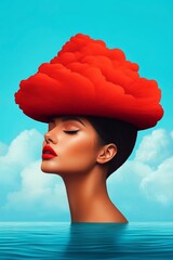 Surreal minimalist magazine cover showcasing the creative interplay of red clouds and blue waters with an imaginative portrayal of feminine beauty
