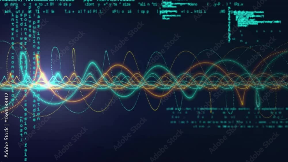 Poster colorful sound waves and digital code animation on dark background