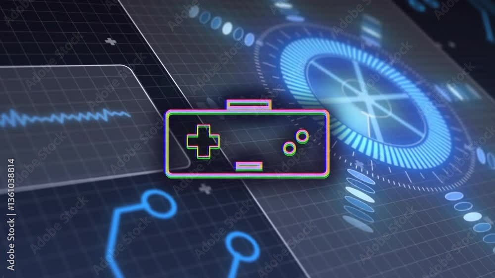 Poster animation of neon game controller with digital interface and futuristic graphs