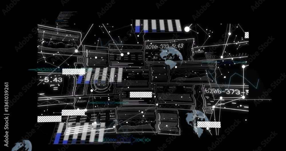 Poster digital interface with data processing and world map animation over dark background