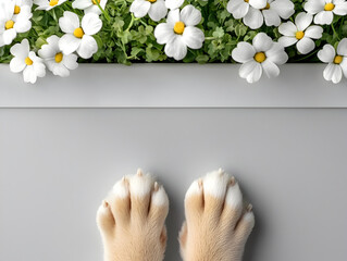 pair of cute bunny paws resting on light gray surface with vibrant row of white daisies above, creating cheerful spring vibe