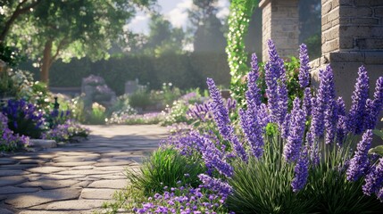 Obraz premium Serene Garden Pathway with Lush Lavender Flowers Surrounded by Vibrant Greenery and Natural Light in a Tranquil Setting