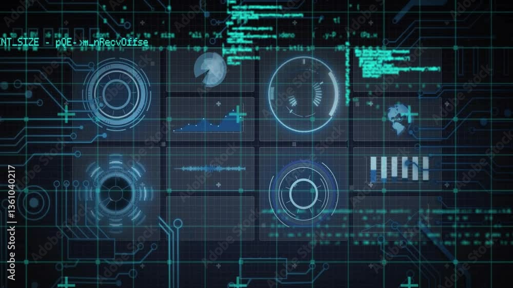 Poster displaying animation of futuristic digital interface with data charts in school