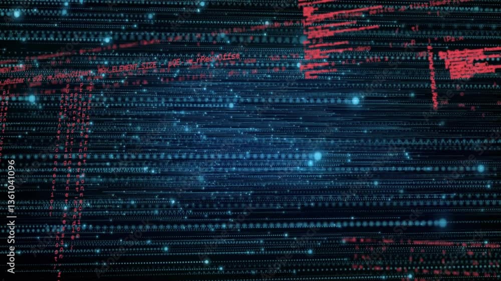 Aufkleber animation of digital code and data streams with red text on blue background