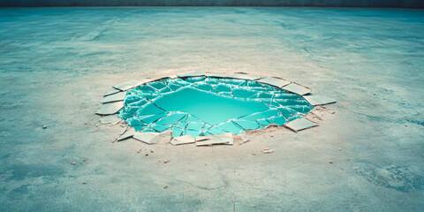 A mesmerizing view of a shattered surface revealing a tranquil blue reflection below, contrasting with the rough, cracked ground surrounding it, inviting contemplation on beauty and destruction.