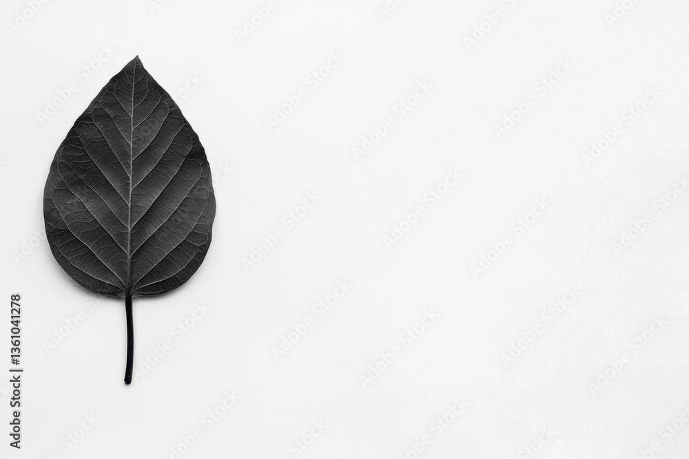 Poster a single black leaf on a white background, showcasing intricate vein patterns with a minimalist and 