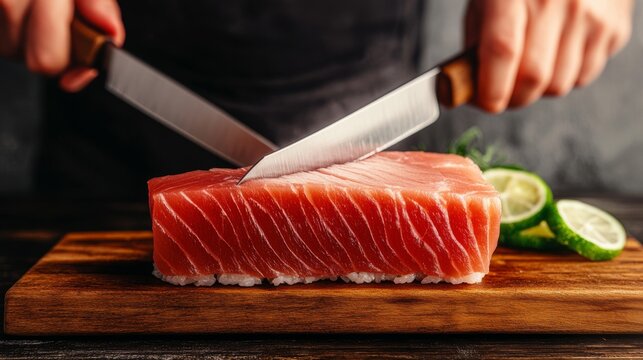 Slicing fresh salmon kitchen counter culinary art cozy atmosphere close-up food preparation techniques