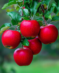 Luscious red apples glisten with morning dew, hanging in a vibrant green orchard, symbolizing freshness and the joy of harvest season.