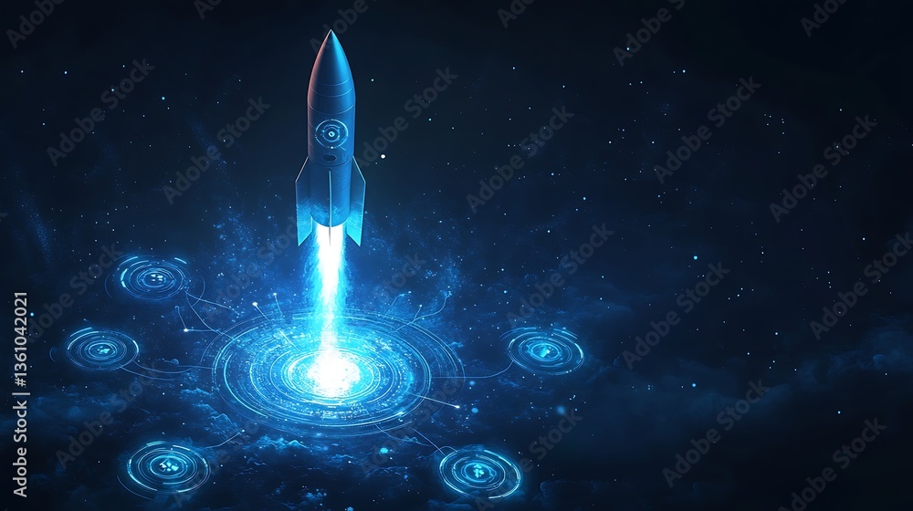 Poster futuristic rocket launch in cyberpunk cityscape, futuristic digital artwork of a rocket launching fr
