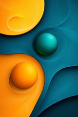 Creative collision of colors celebrates imagination in a minimalist design featuring surreal spheres in orange and green against a blue background