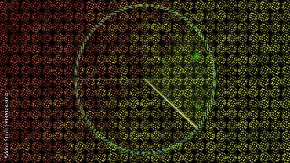 Poster circular radar animation over hexagonal pattern with green and red hues