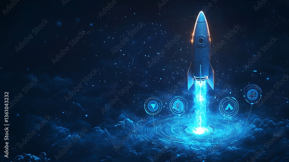 Poster futuristic rocket launch in cyberpunk cityscape, futuristic digital artwork of a rocket launching fr