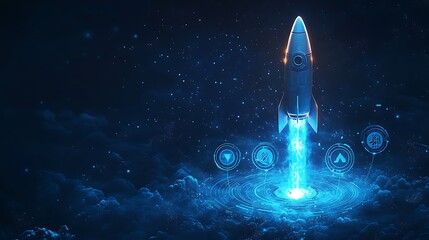 Fototapeta premium Futuristic Rocket Launch in Cyberpunk Cityscape, Futuristic digital artwork of a rocket launching from a virtual platform with holographic interfaces