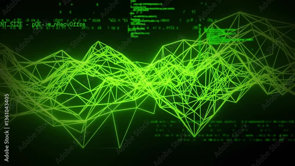 Poster animation of green wireframe wave with digital code, abstract technology concept