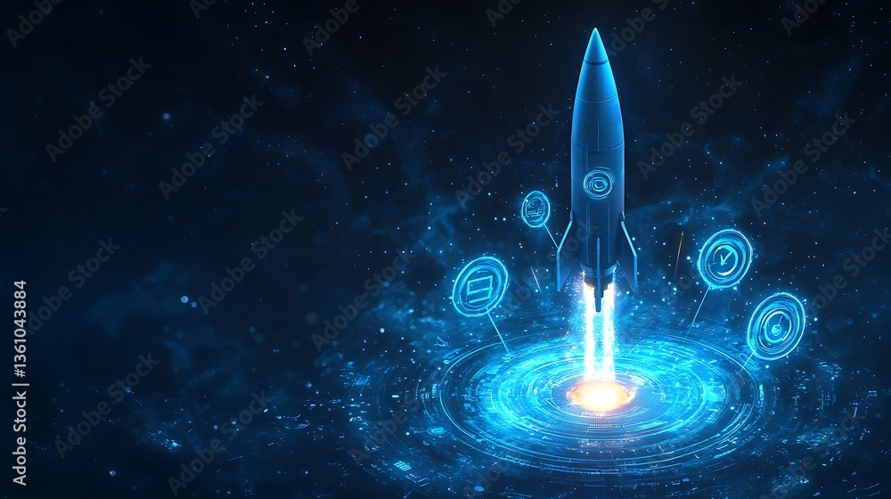 Poster futuristic rocket launch in cyberpunk cityscape, futuristic digital artwork of a rocket launching fr