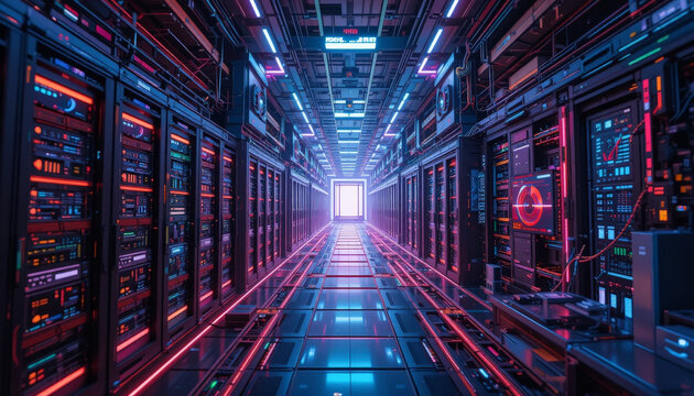 futuristic data center with rows of servers illuminated by vibrant neon lights creates captivating atmosphere. glowing pathways lead to bright portal, evoking sense of advanced technology