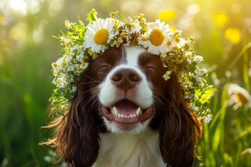 Cute baby dog english springer spaniel wearing fierce flower circlet on its head. Soft daylight. Summertime happiness. Happy pet in summer. Cheerful dog in nature. Puppy exploring nature.