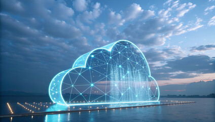 features a graphic representation of a large, glowing blue digital "cloud" floating above a smooth water surface.