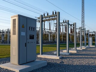 A modern electrical substation with various equipment and power cables under blue sky.