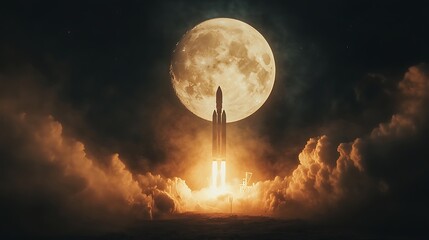 Fototapeta premium Rocket Launch Under Full Moon, A rocket launching at night with a full moon in the background, surrounded by clouds