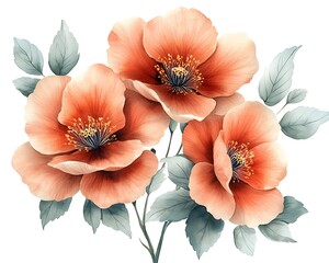 Three beautiful watercolor flowers with corresponding green leaves are present