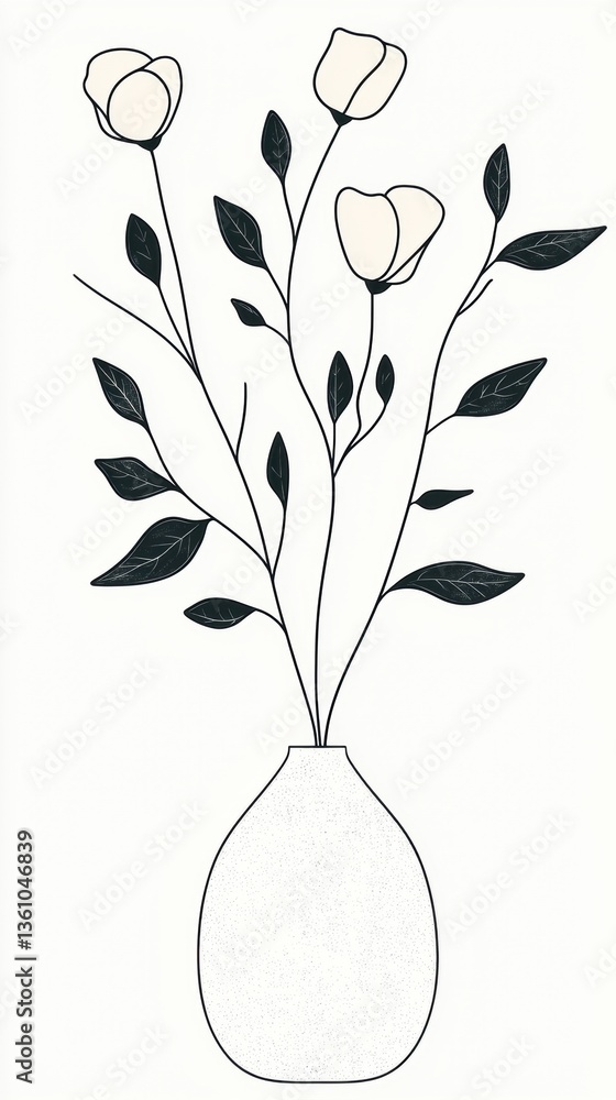 Poster a minimalist line drawing of a vase with three flowers and leaves, emphasizing simplicity and elegan