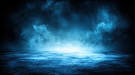 Dark blue smoky background with bright light on the ground, suitable for design and digital art.