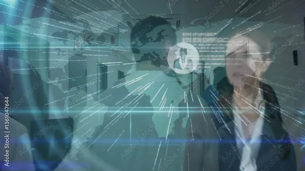 Aufkleber global data network animation over diverse professionals collaborating in office