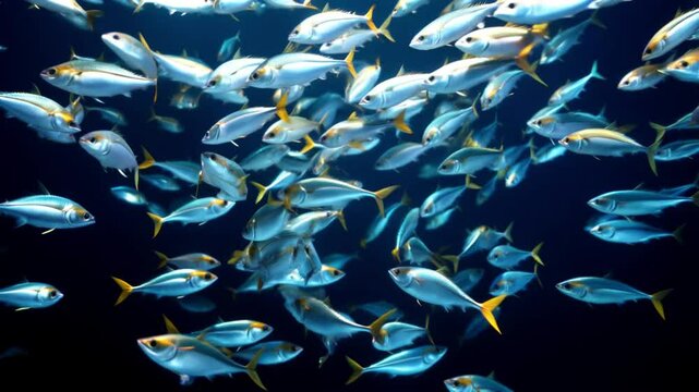 Animation of mackerel forming a bait ball. Fish flock in dark ocean water