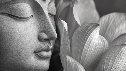 Meditative Action of Buddha Sculpture Surrounded by Lotus Flowers Tranquil Setting Black and White Photography Close-Up View