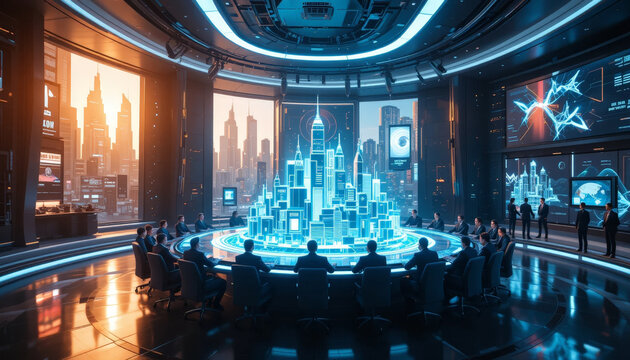 futuristic conference room features circular table surrounded by people, with holographic cityscape displayed center. room is illuminated by blue and orange lights, showcasing high tech
