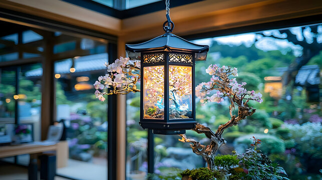 Fototapeta Illuminated Japanese Lantern with Cherry Blossoms and Bonsai Tree