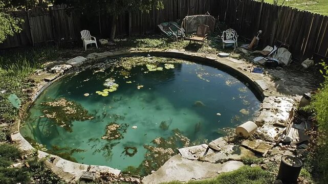A neglected and decaying backyard swimming pool with visible debris and dirty water.