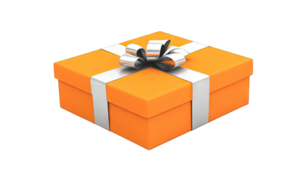 a vibrant orange gift box adorned with a shiny silver bow symbol