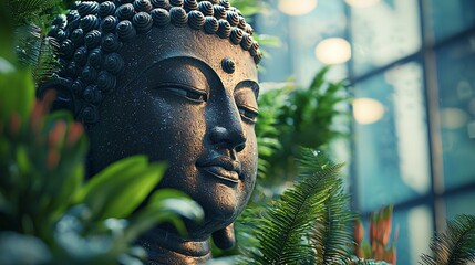 Meditative Buddha Statue in Urban Garden Serene Atmosphere Nature Photography Close-Up View Tranquility Concept