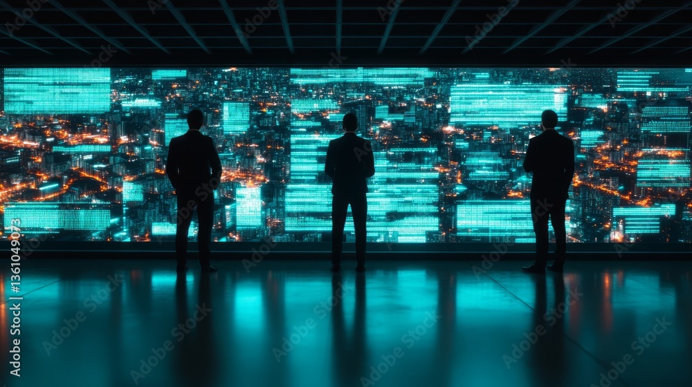 Aufkleber silhouetted figures analyzing urban data on a futuristic display with a bright cityscape and digital