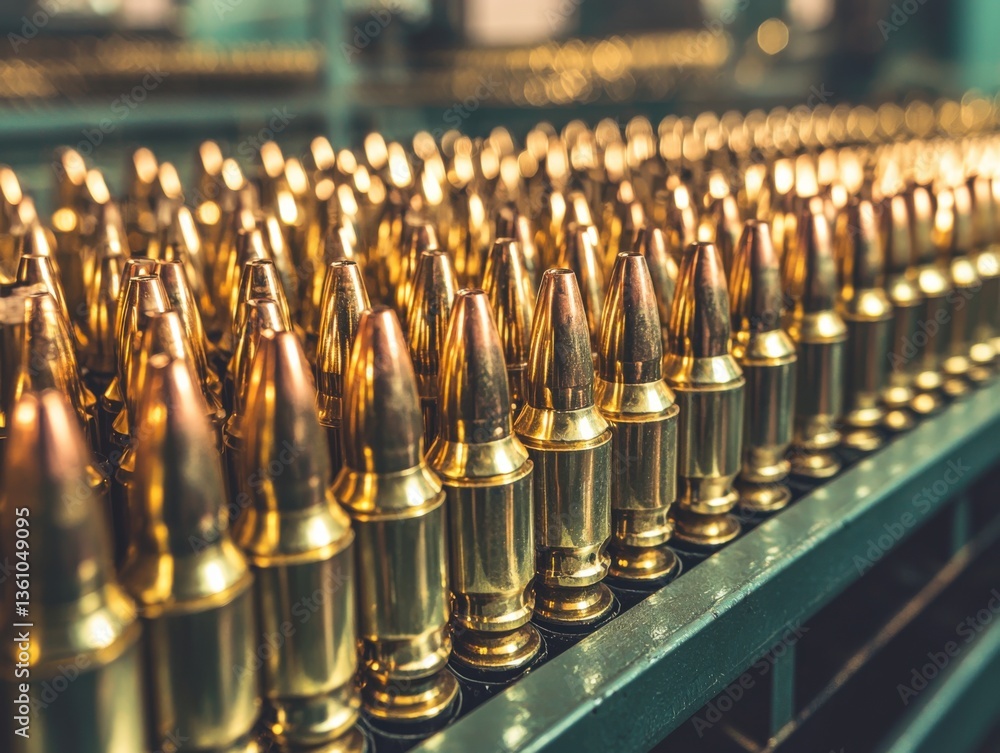Poster close-up view of brass bullets arranged in rows on a production line.