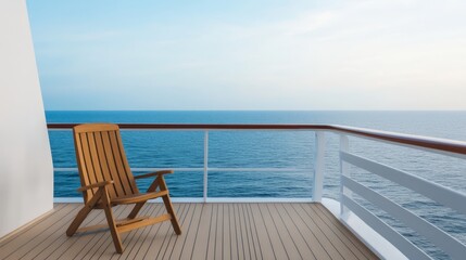 Fototapeta premium Serene Ocean View from a Cruise Ship Balcony Featuring a Wooden Chair and Expansive Blue Waters Under a Clear Sky