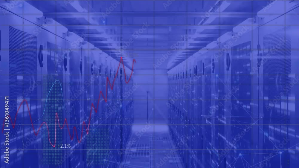 Poster data processing animation over server room with fluctuating graph lines