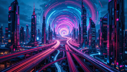 Fototapeta premium Futuristic cityscape with vibrant neon lights and swirling patterns, showcasing dynamic urban environment filled with skyscrapers and illuminated highways. scene evokes sense of motion and energy